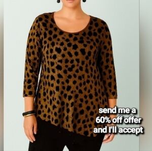 Citiknits Animal Print Graphic Asymmetrical Stretch Top Greengold Black 1X